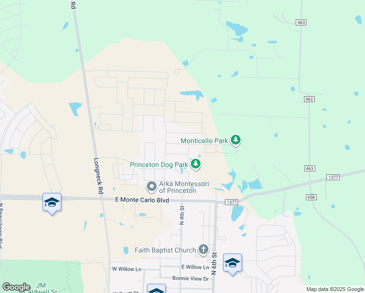 map of restaurants, bars, coffee shops, grocery stores, and more near 8432 Biggs Road in Princeton