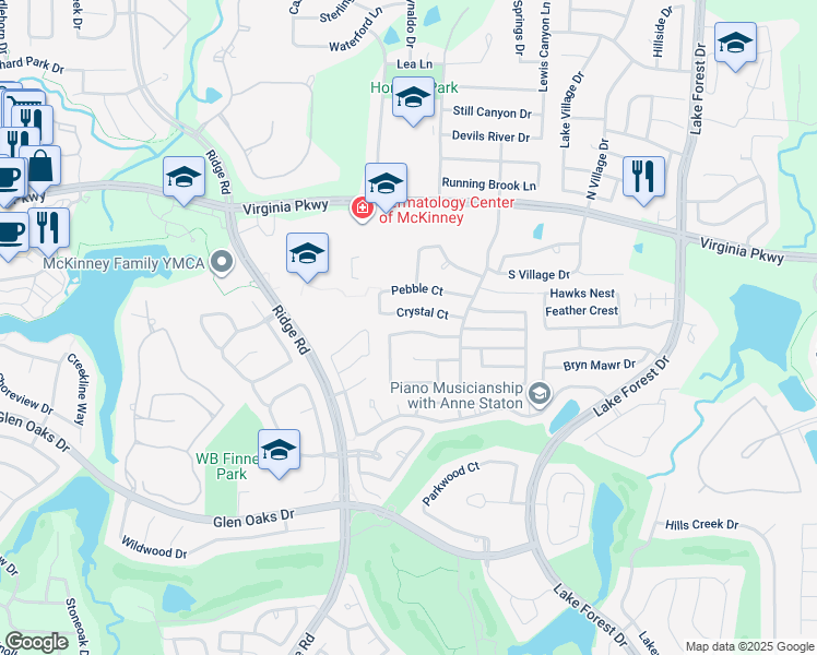 map of restaurants, bars, coffee shops, grocery stores, and more near 5512 Broken Bend Drive in McKinney