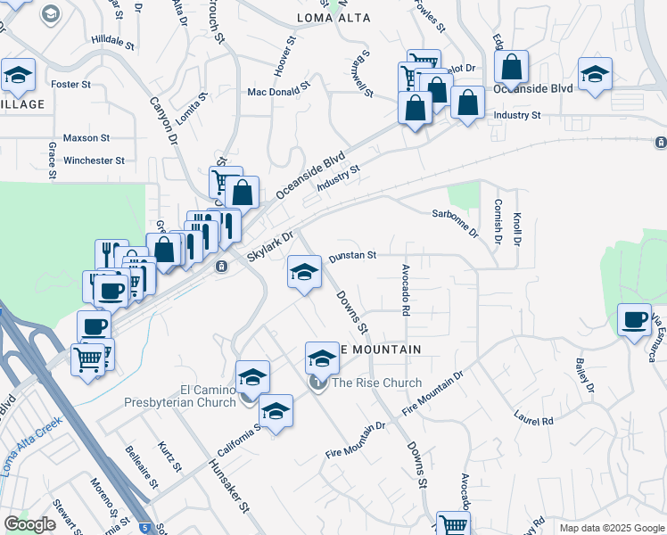 map of restaurants, bars, coffee shops, grocery stores, and more near 2277 Dunstan Street in Oceanside