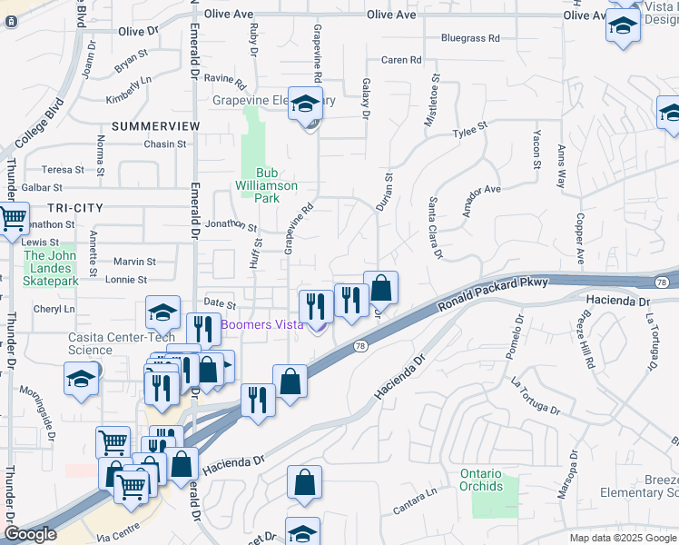map of restaurants, bars, coffee shops, grocery stores, and more near 1432 Janis Lynn Lane in Vista