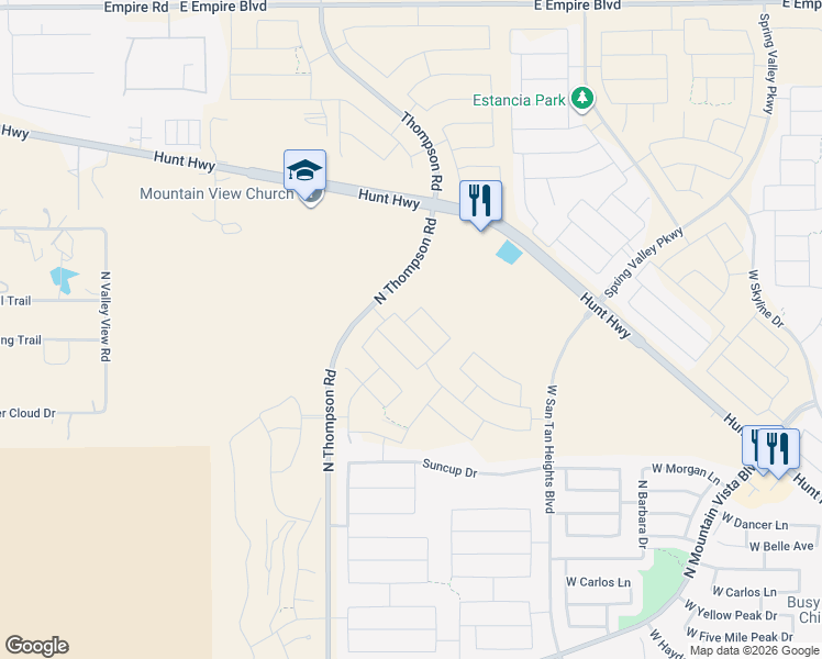 map of restaurants, bars, coffee shops, grocery stores, and more near North Thompson Road in Queen Creek