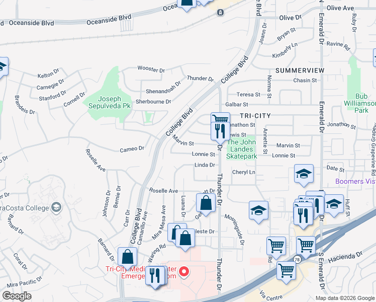 map of restaurants, bars, coffee shops, grocery stores, and more near 4041 Marvin Street in Oceanside