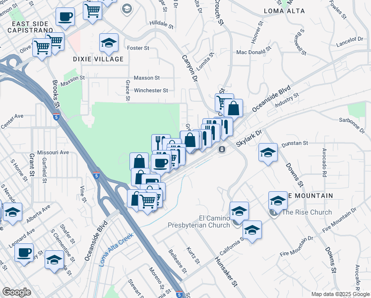 map of restaurants, bars, coffee shops, grocery stores, and more near 1907 Apple Street in Oceanside
