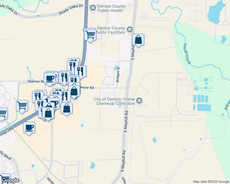 map of restaurants, bars, coffee shops, grocery stores, and more near North Star Drive in Denton