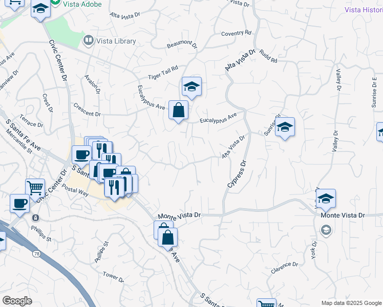 map of restaurants, bars, coffee shops, grocery stores, and more near 2175 Alta Vista Drive in Vista