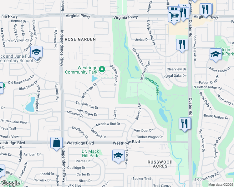map of restaurants, bars, coffee shops, grocery stores, and more near 921 Golden Bear Lane in McKinney