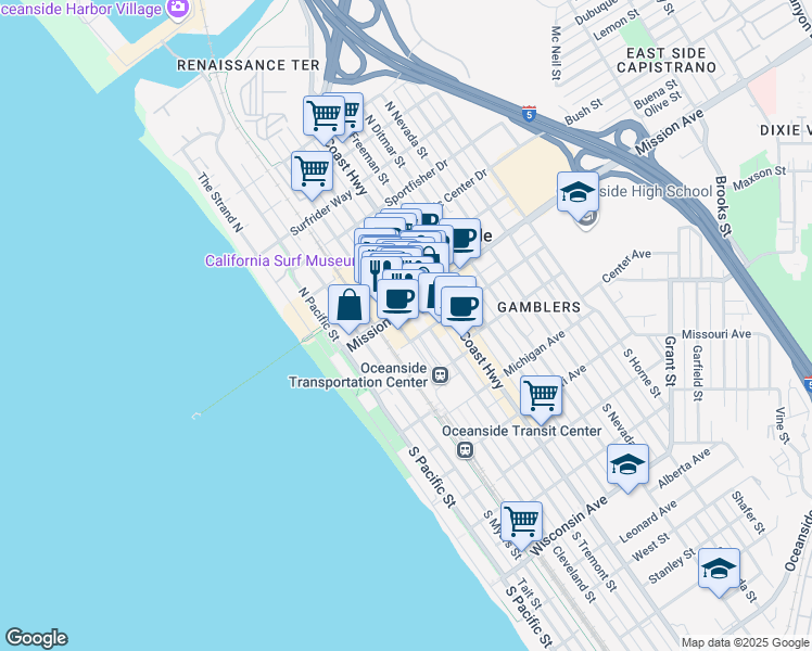 map of restaurants, bars, coffee shops, grocery stores, and more near 301 Mission Avenue in Oceanside
