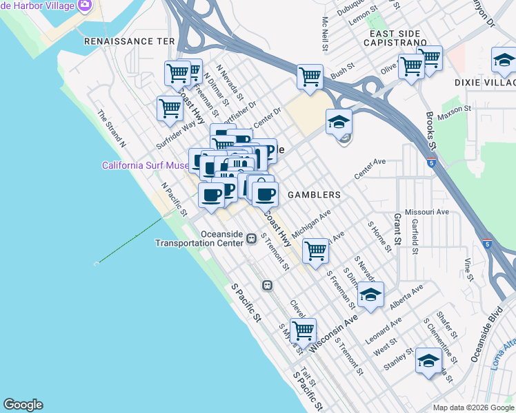 map of restaurants, bars, coffee shops, grocery stores, and more near in Oceanside