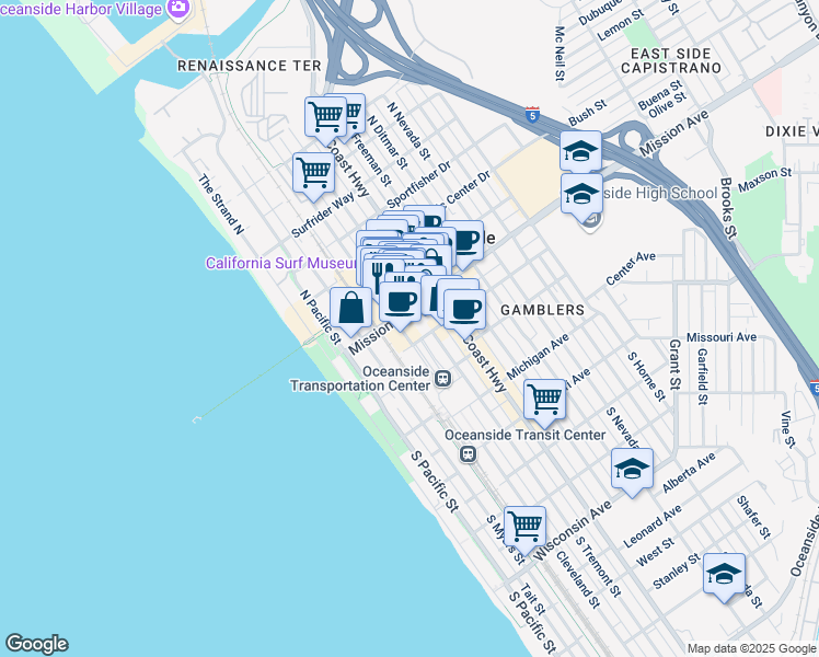 map of restaurants, bars, coffee shops, grocery stores, and more near 301 Mission Avenue in Oceanside