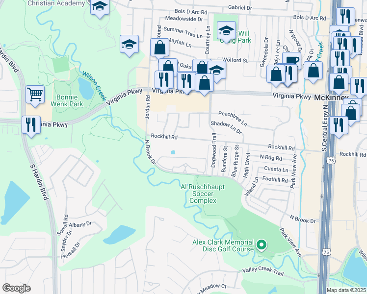 map of restaurants, bars, coffee shops, grocery stores, and more near 2703 Rockhill Road in McKinney