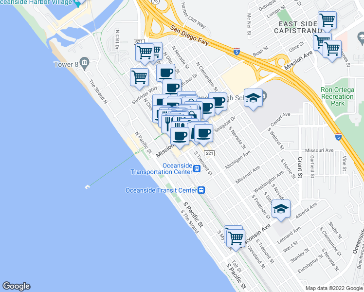 map of restaurants, bars, coffee shops, grocery stores, and more near in Oceanside