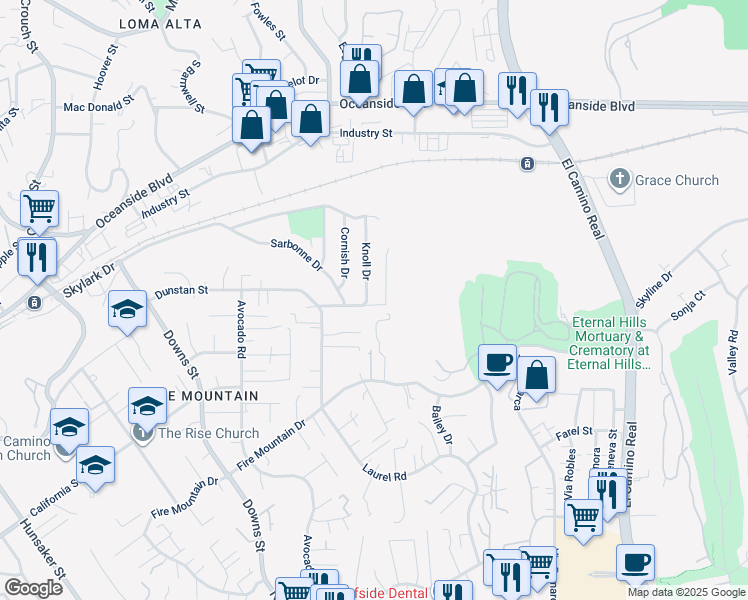map of restaurants, bars, coffee shops, grocery stores, and more near 1353 Eldean Lane in Oceanside