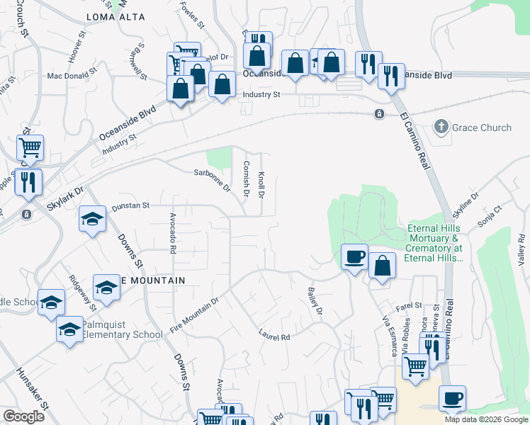 map of restaurants, bars, coffee shops, grocery stores, and more near 1353 Eldean Lane in Oceanside