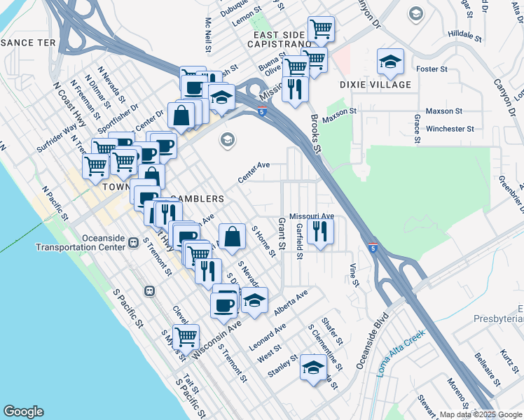 map of restaurants, bars, coffee shops, grocery stores, and more near 324 South Weitzel Street in Oceanside