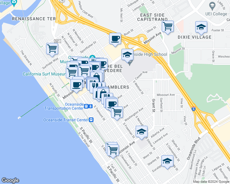 map of restaurants, bars, coffee shops, grocery stores, and more near 220 South Nevada Street in Oceanside