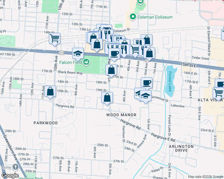 map of restaurants, bars, coffee shops, grocery stores, and more near 1729 Hackberry Lane in Tuscaloosa