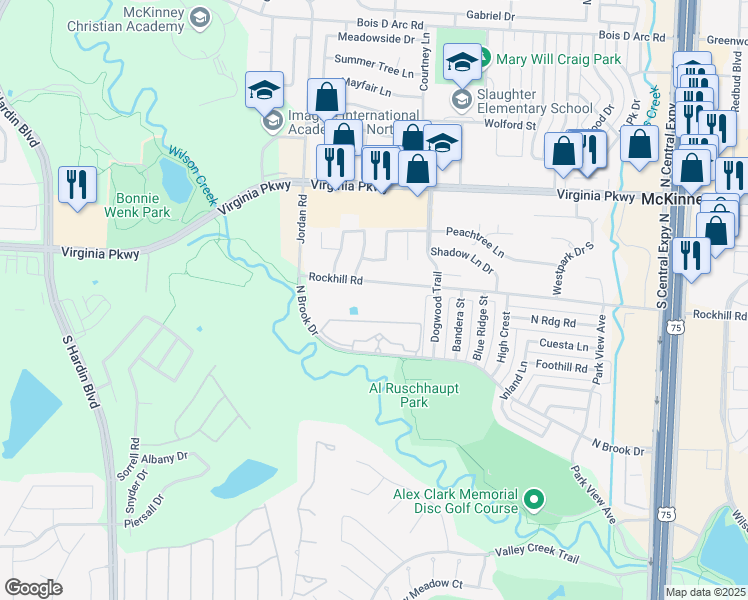 map of restaurants, bars, coffee shops, grocery stores, and more near 2703 Rockhill Road in McKinney