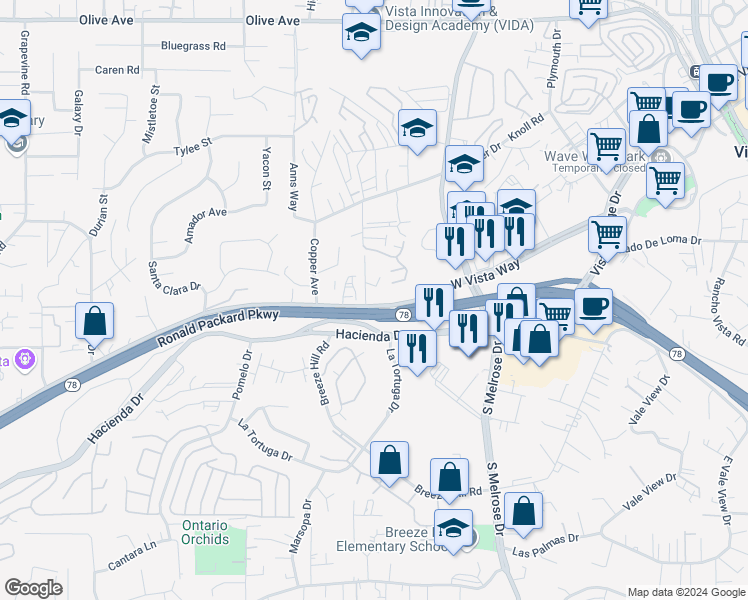 map of restaurants, bars, coffee shops, grocery stores, and more near 819 West Vista Way in Vista