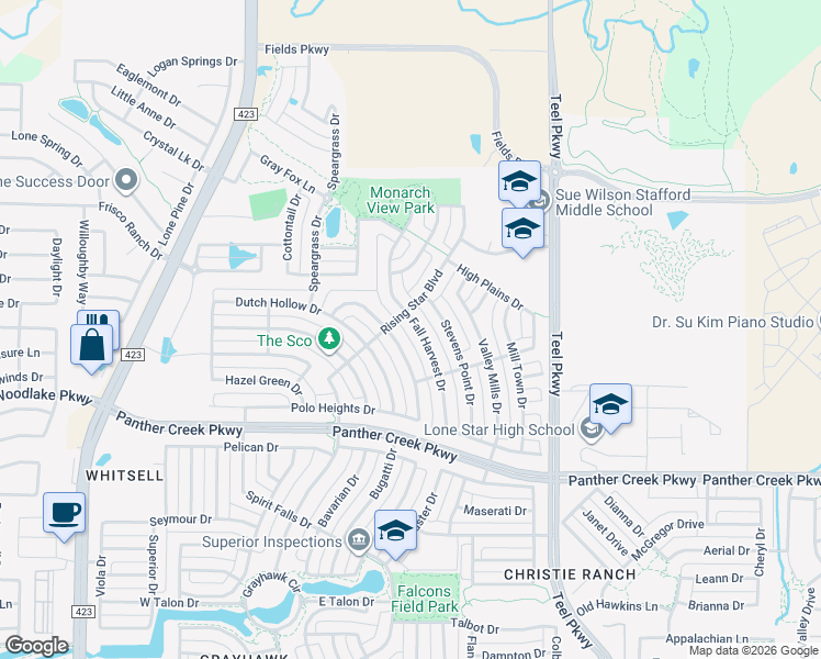 map of restaurants, bars, coffee shops, grocery stores, and more near 13981 Fall Harvest Drive in Frisco
