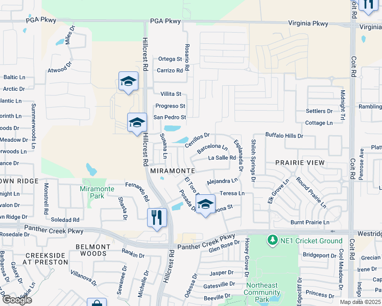map of restaurants, bars, coffee shops, grocery stores, and more near 11334 Barcelona Lane in Frisco