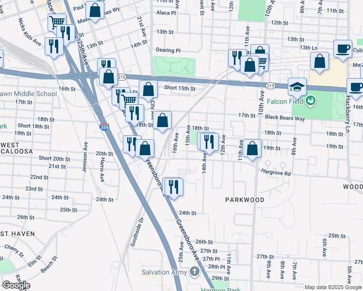 map of restaurants, bars, coffee shops, grocery stores, and more near 1515 19th Street in Tuscaloosa