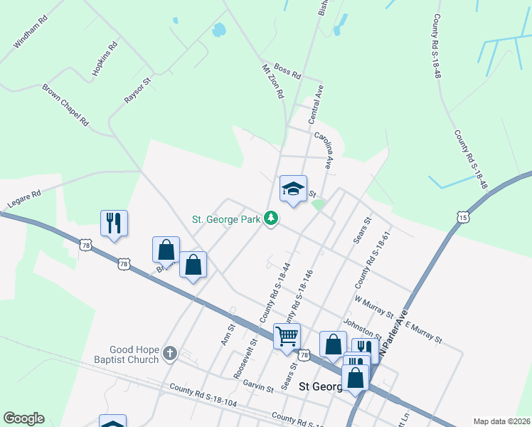 map of restaurants, bars, coffee shops, grocery stores, and more near 200 County Road S-18-86 in Saint George