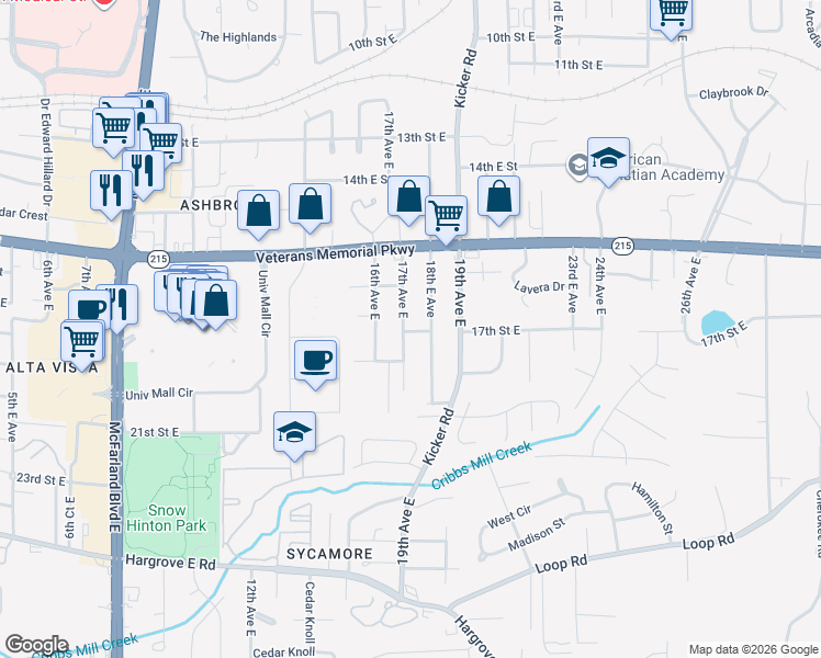 map of restaurants, bars, coffee shops, grocery stores, and more near 1705 17th Avenue East in Tuscaloosa