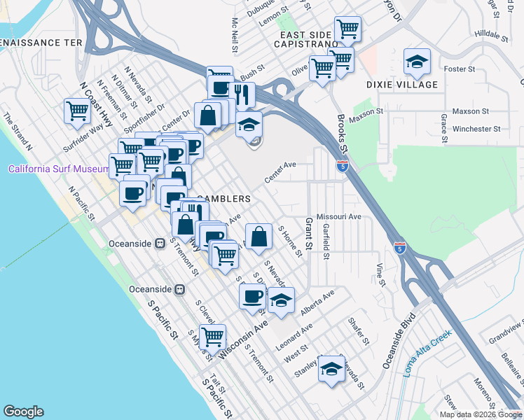 map of restaurants, bars, coffee shops, grocery stores, and more near 311 South Horne Street in Oceanside