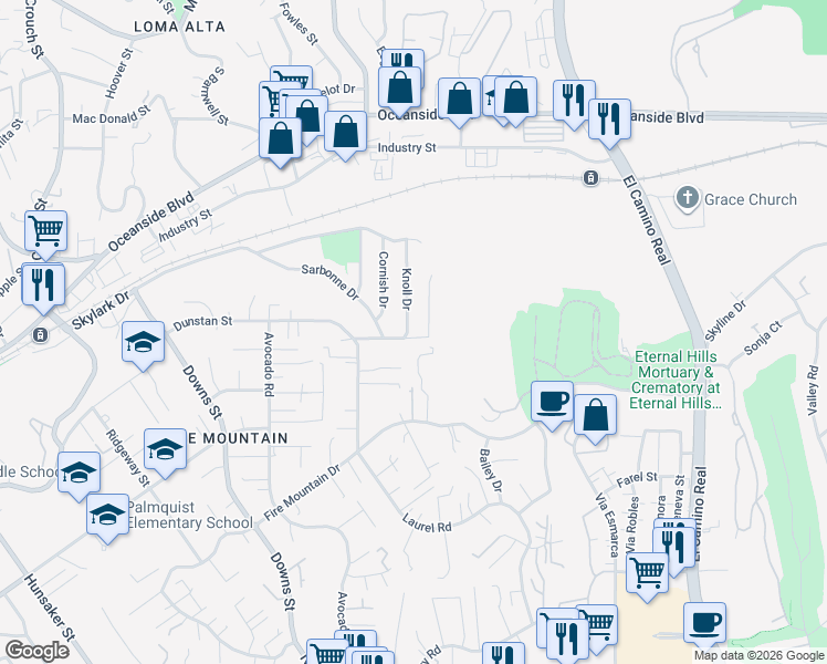 map of restaurants, bars, coffee shops, grocery stores, and more near 1353 Eldean Lane in Oceanside