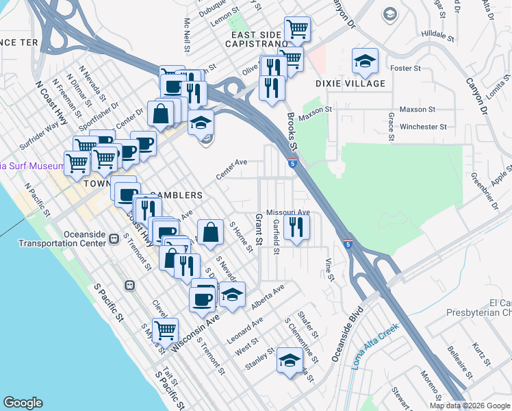 map of restaurants, bars, coffee shops, grocery stores, and more near 433 Grant Street in Oceanside
