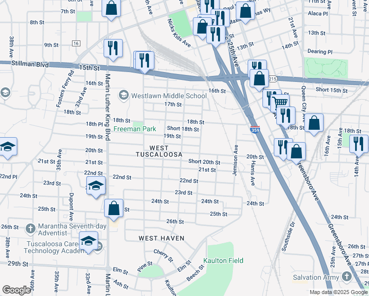 map of restaurants, bars, coffee shops, grocery stores, and more near 2809 19th Street in Tuscaloosa