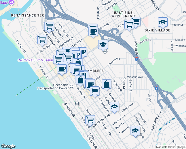 map of restaurants, bars, coffee shops, grocery stores, and more near 221 South Nevada Street in Oceanside