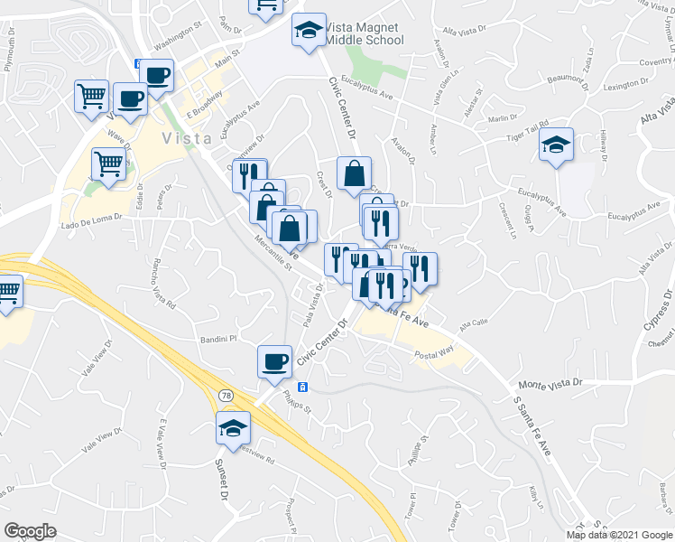 map of restaurants, bars, coffee shops, grocery stores, and more near 802 South Santa Fe Avenue in Vista