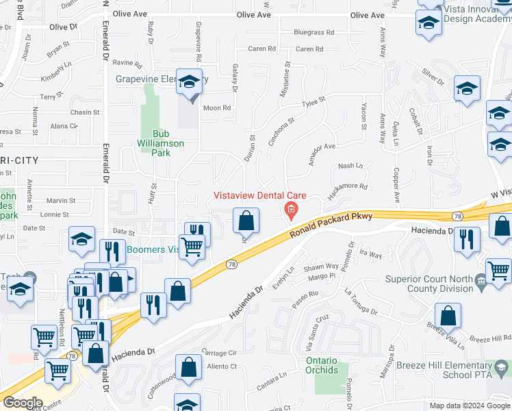 map of restaurants, bars, coffee shops, grocery stores, and more near 1373 Lawana Drive in Vista