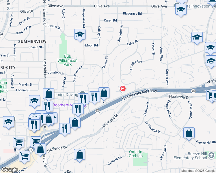map of restaurants, bars, coffee shops, grocery stores, and more near 1374 Lawana Drive in Vista