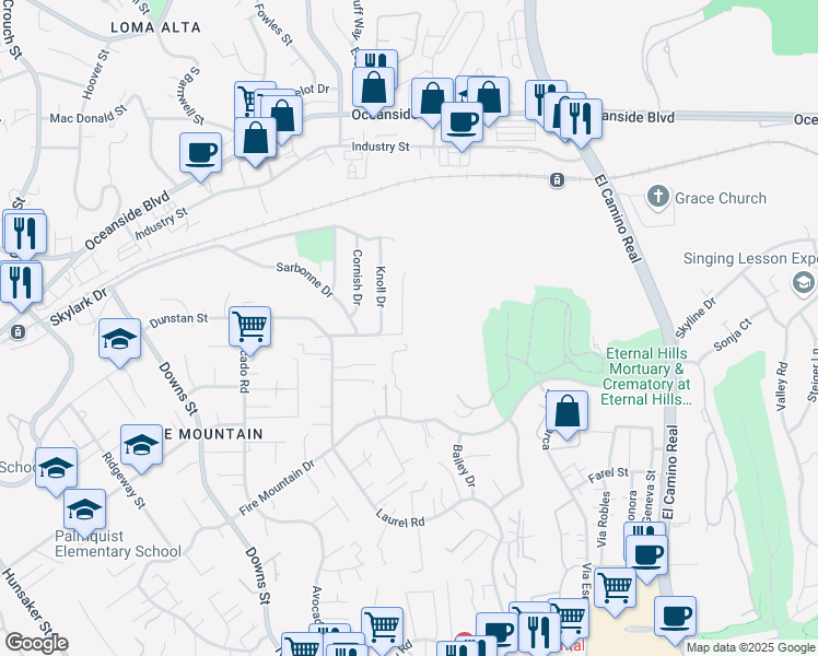 map of restaurants, bars, coffee shops, grocery stores, and more near 1362 Eldean Lane in Oceanside