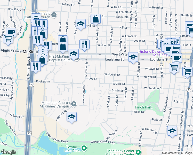 map of restaurants, bars, coffee shops, grocery stores, and more near 1601 West Howell Street in McKinney