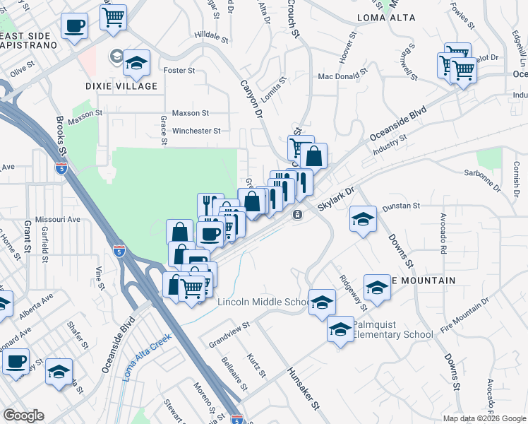 map of restaurants, bars, coffee shops, grocery stores, and more near 563 Greenbrier Drive in Oceanside
