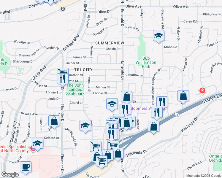 map of restaurants, bars, coffee shops, grocery stores, and more near 4222 Marvin Street in Oceanside