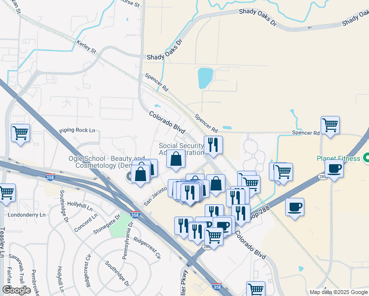 map of restaurants, bars, coffee shops, grocery stores, and more near 1930 Colorado Boulevard in Denton