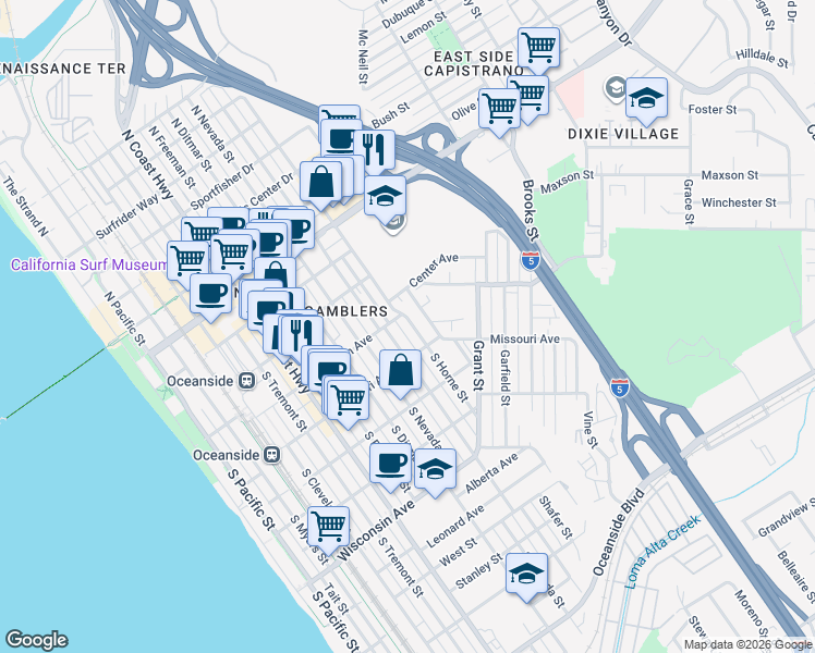 map of restaurants, bars, coffee shops, grocery stores, and more near 311 South Horne Street in Oceanside