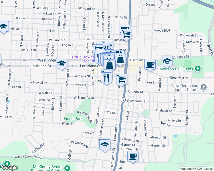 map of restaurants, bars, coffee shops, grocery stores, and more near 304 South Tennessee Street in McKinney