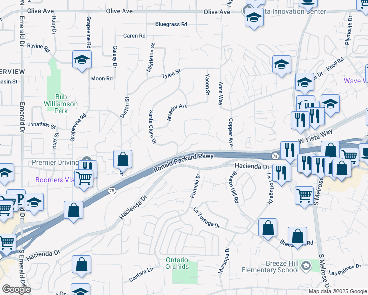 map of restaurants, bars, coffee shops, grocery stores, and more near 1178 Hackamore Road in Vista