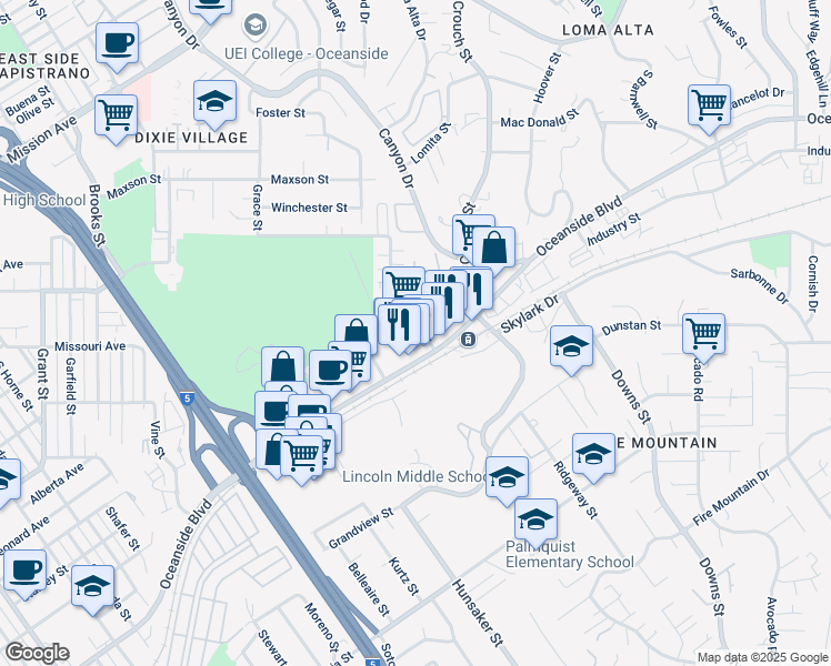 map of restaurants, bars, coffee shops, grocery stores, and more near 560 Greenbrier Drive in Oceanside