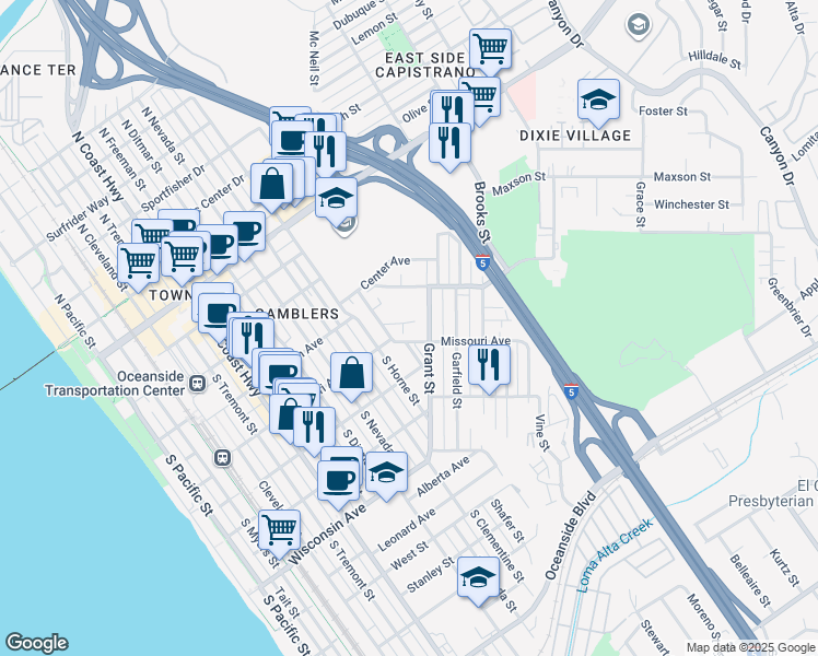 map of restaurants, bars, coffee shops, grocery stores, and more near 429 Grant Street in Oceanside