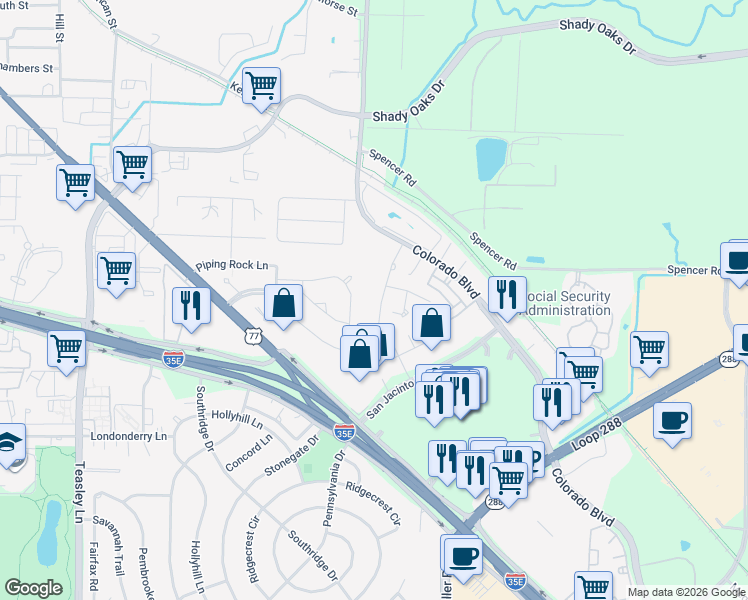 map of restaurants, bars, coffee shops, grocery stores, and more near 1532 Valley Creek Road in Denton