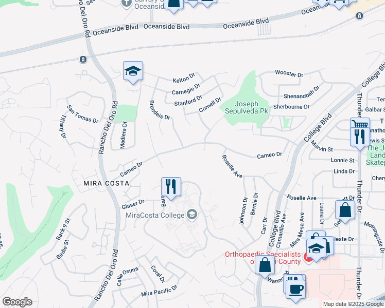 map of restaurants, bars, coffee shops, grocery stores, and more near 2909 Colgate Drive in Oceanside