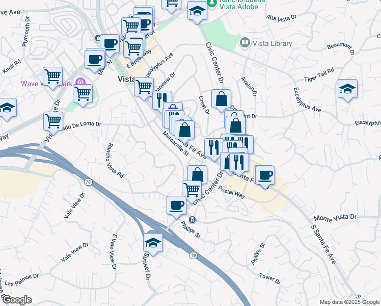 map of restaurants, bars, coffee shops, grocery stores, and more near 711 South Santa Fe Avenue in Vista
