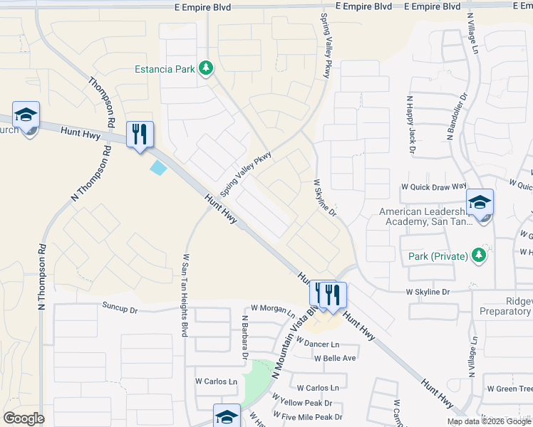 map of restaurants, bars, coffee shops, grocery stores, and more near 5390 West Hunt Highway in Queen Creek