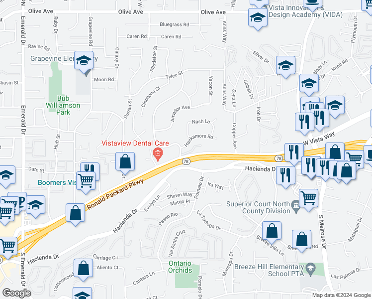 map of restaurants, bars, coffee shops, grocery stores, and more near 1178 Hackamore Road in Vista
